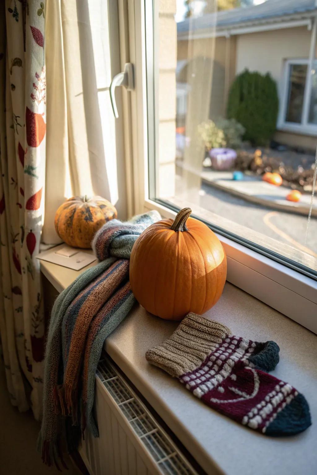 Pumpkin adorned with scarves and mittens for a snug look.