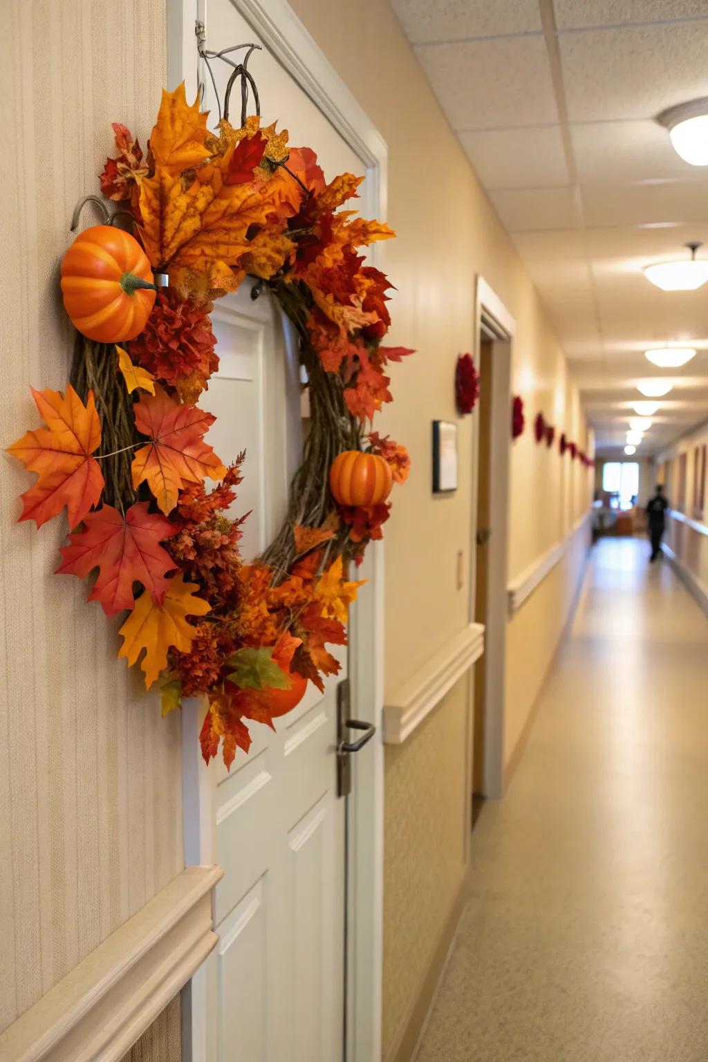 A festive wreath made with pumpkins and autumn leaves.