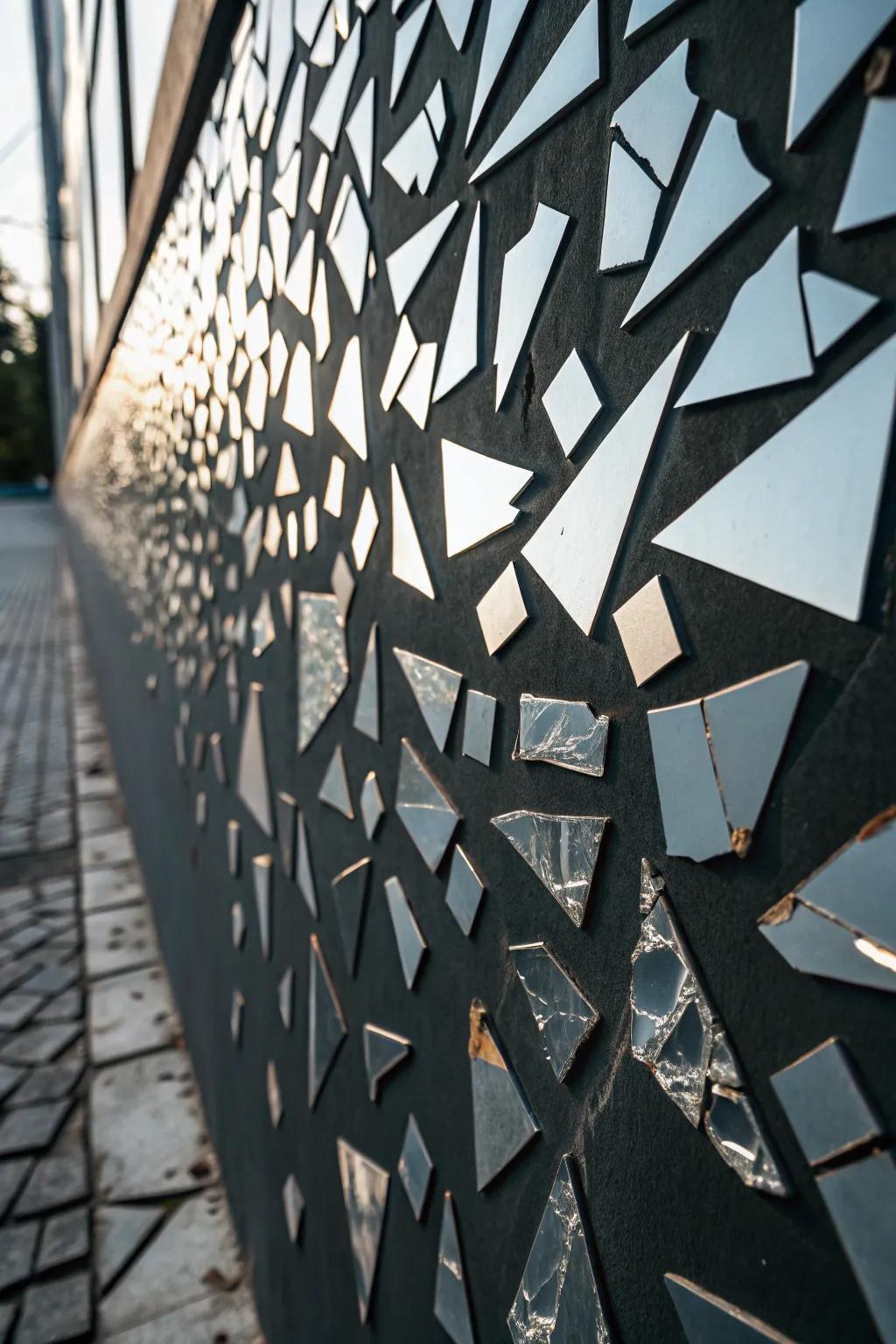 Abstract mirror art with scattered reflective pieces.