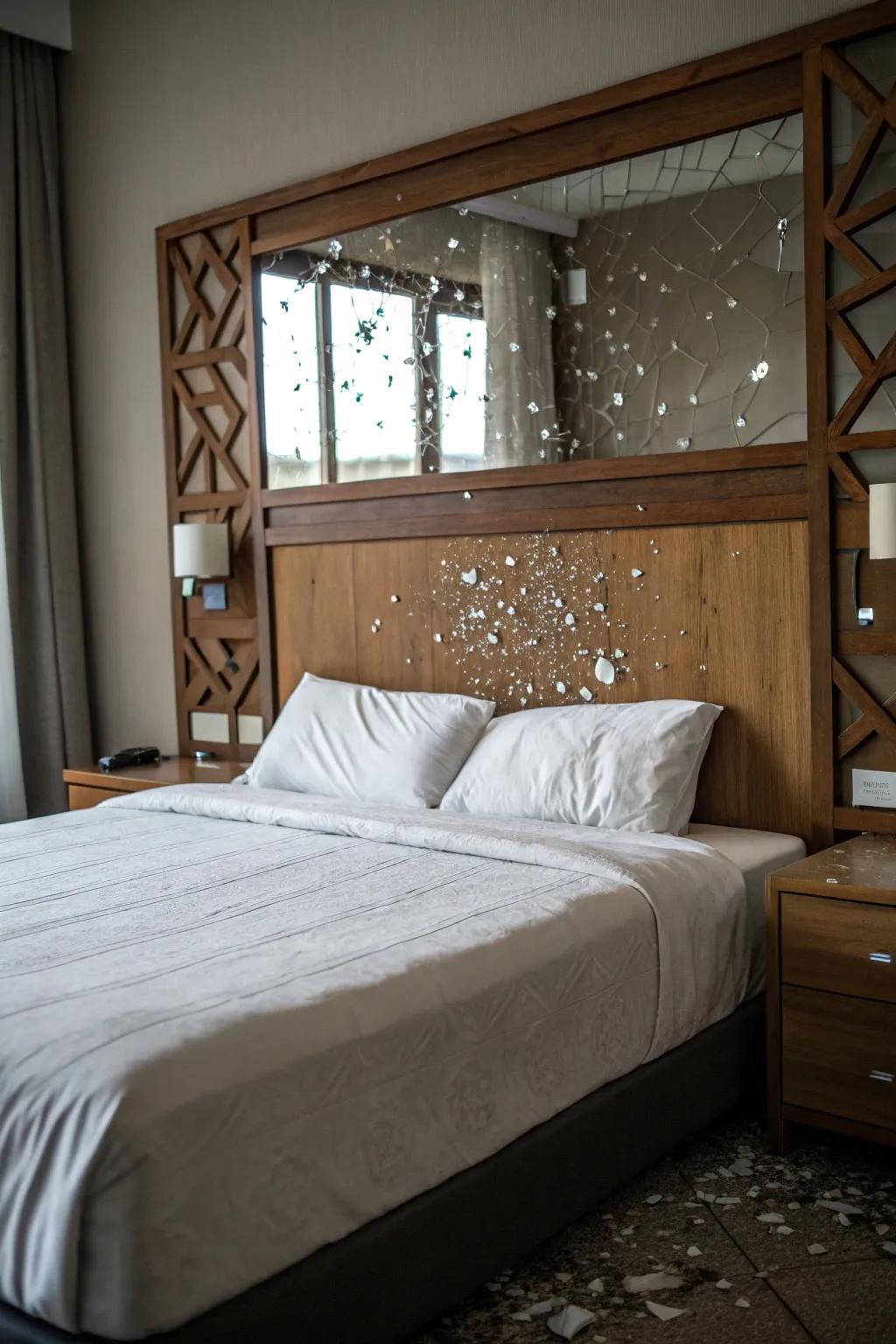 Bedroom headboard decorated with broken mirror pieces.