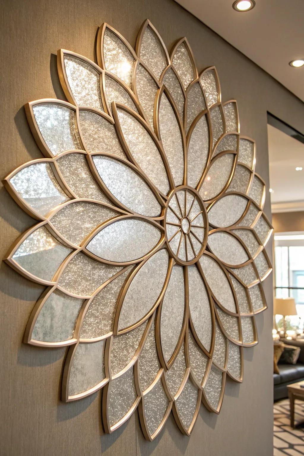 Floral patterns created with mirror pieces on a wall.
