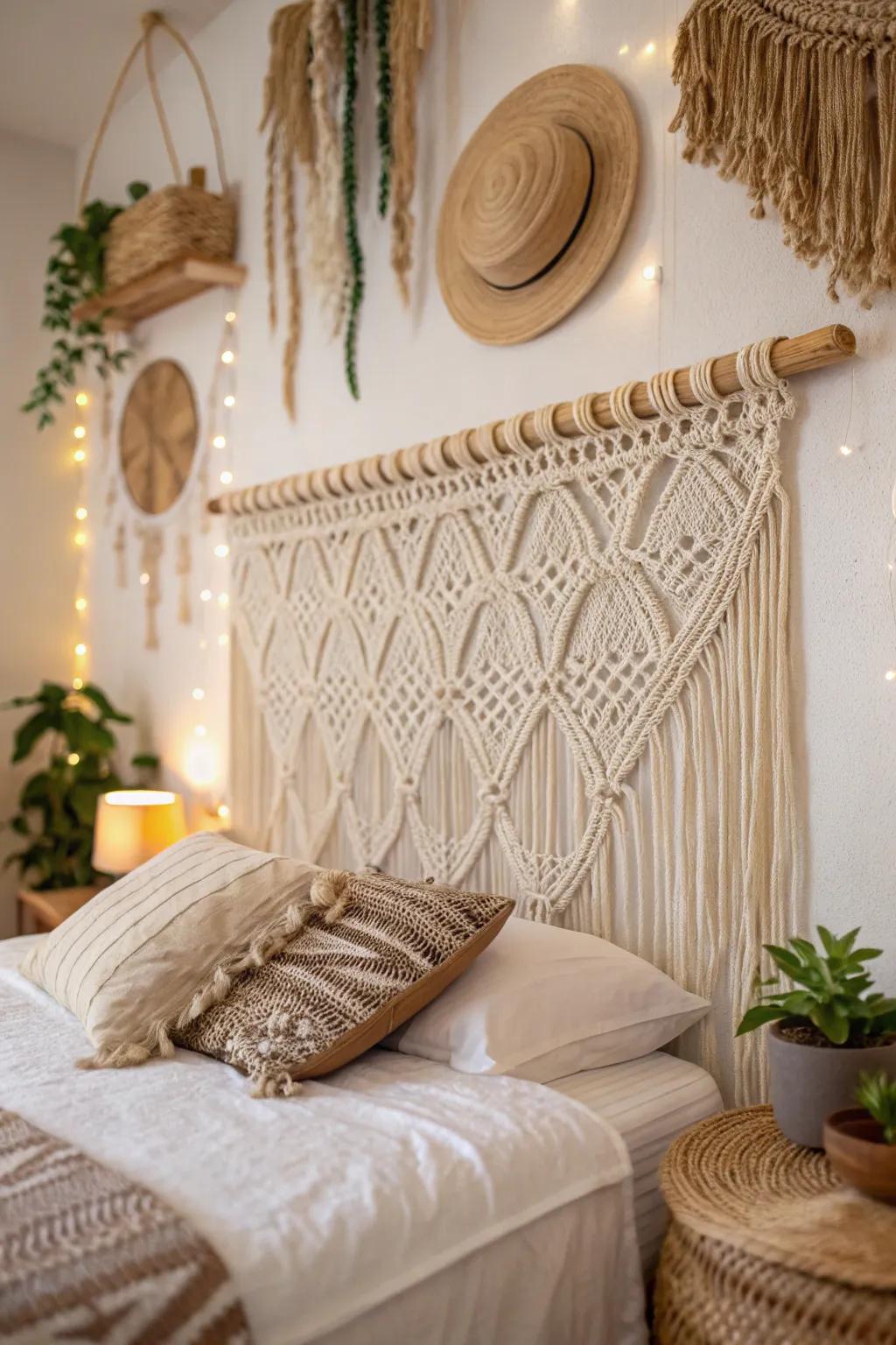 Macramé adds a handcrafted, cozy vibe to this boho bedroom.