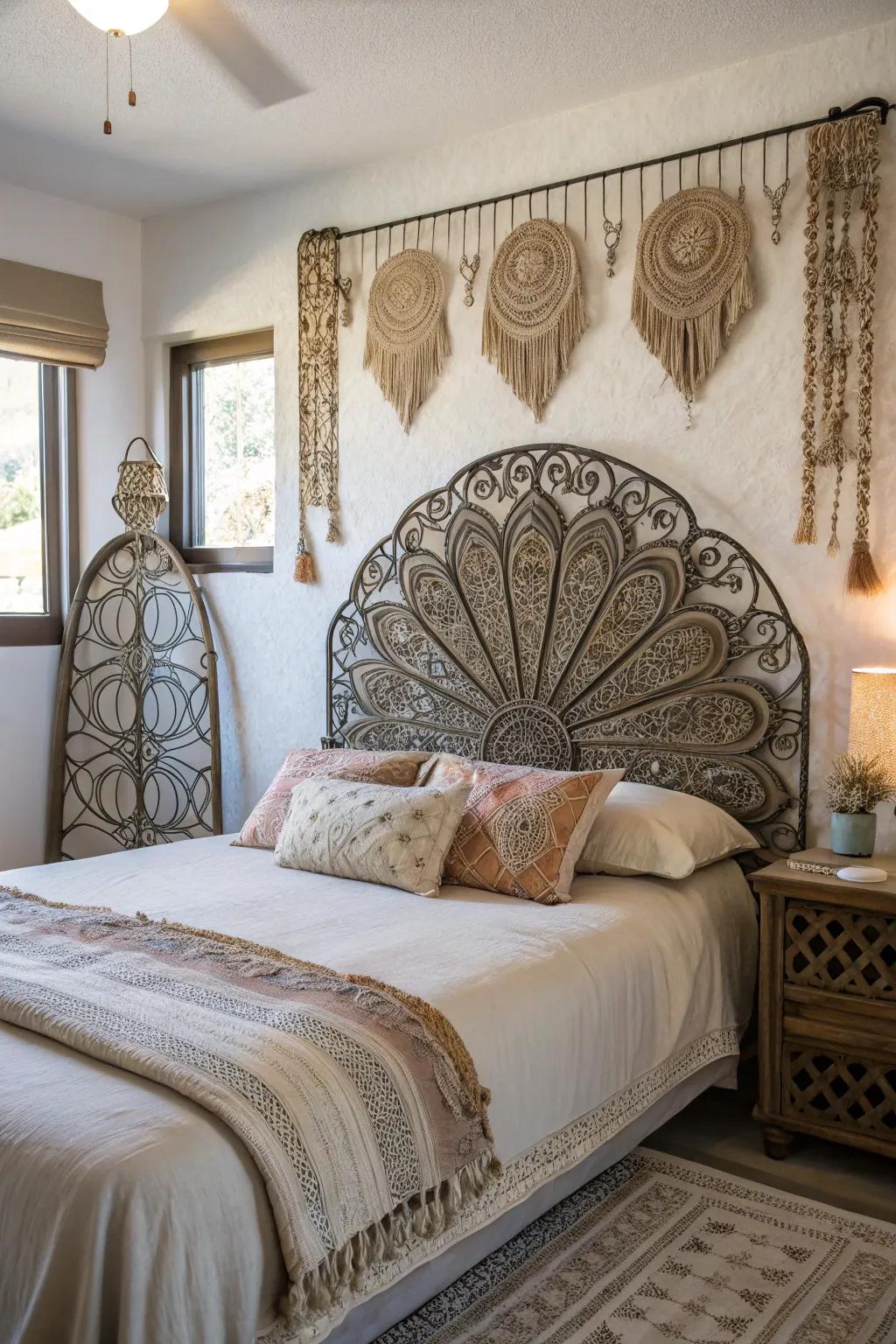 Metallic finishes add a glamorous boho touch to the bedroom.