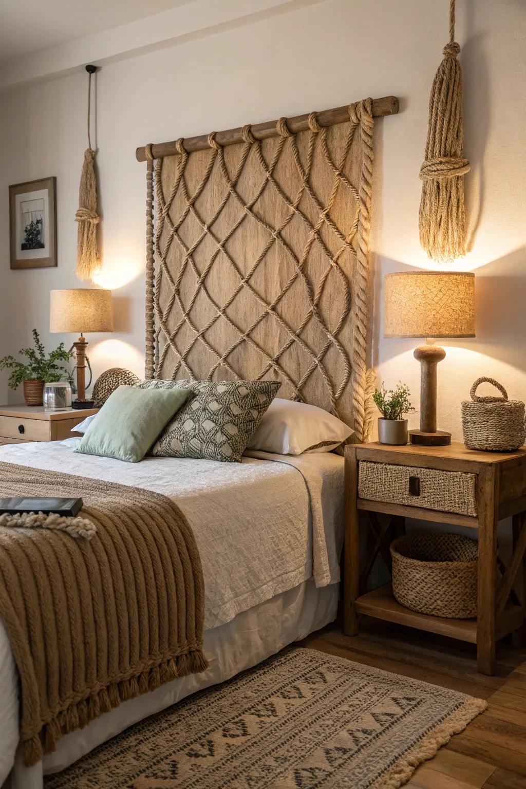 Rope details add a distinctive boho texture to the headboard.