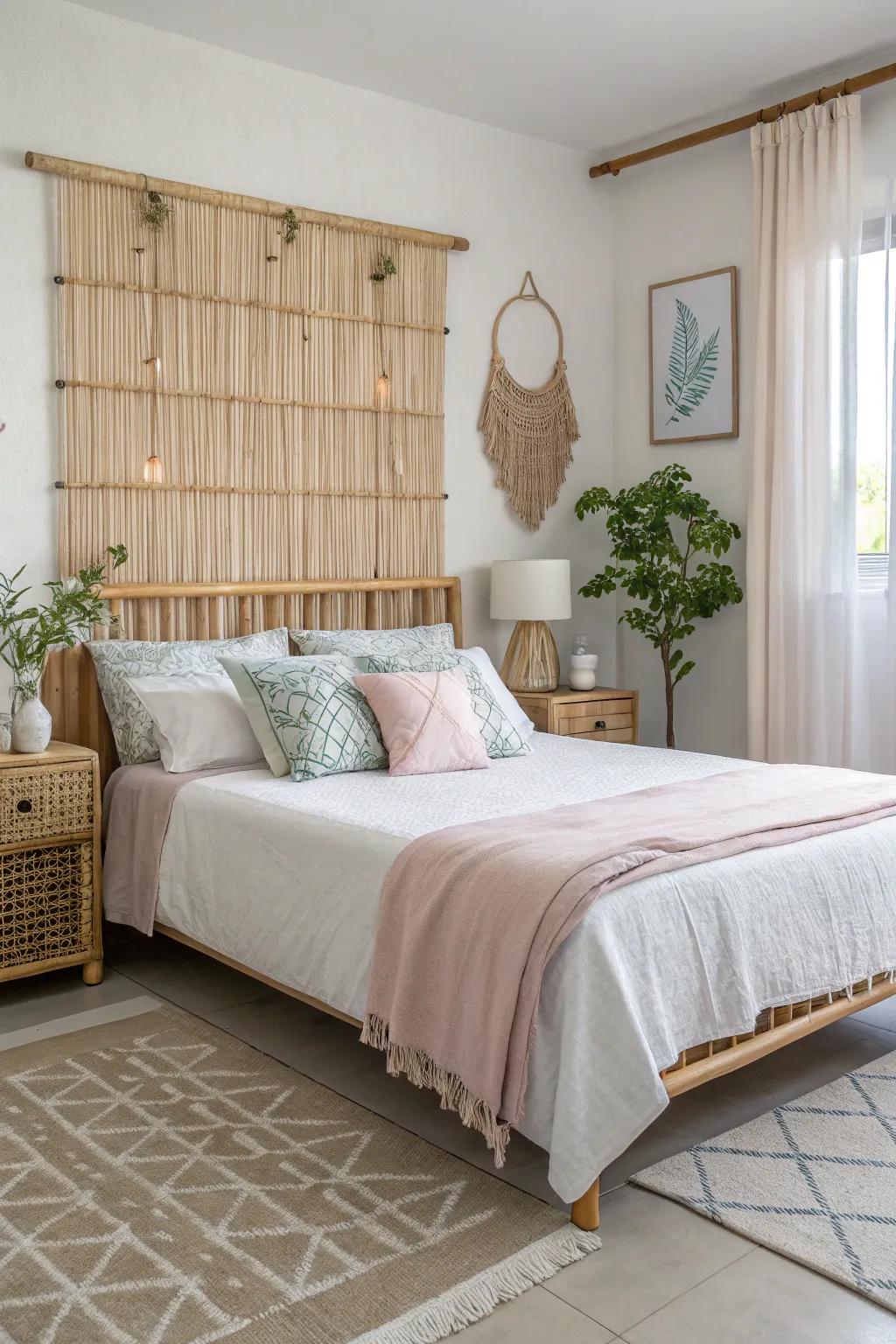 Bamboo adds a calm, natural element to this boho bedroom.