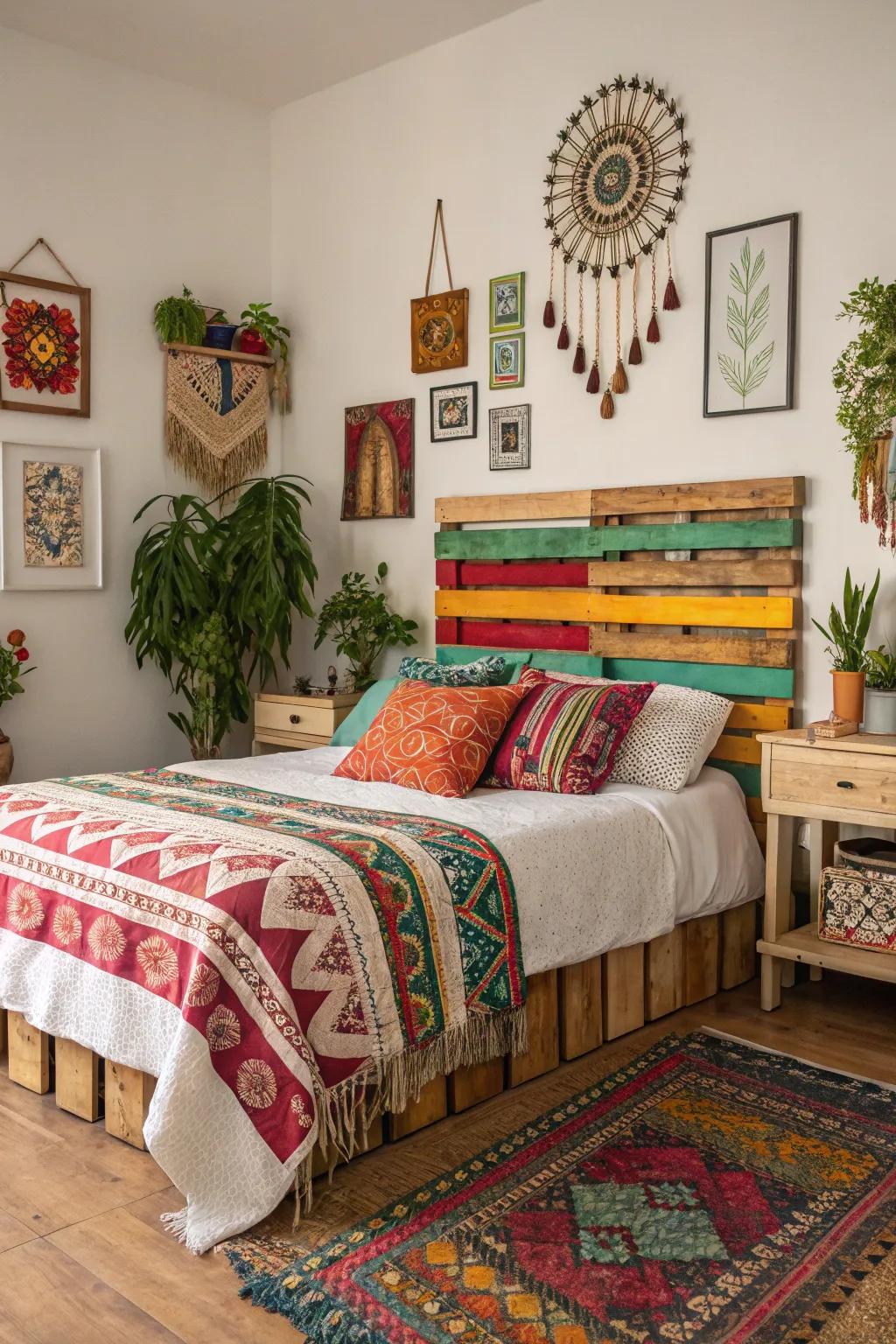 A painted wooden pallet transformed into a bold headboard.