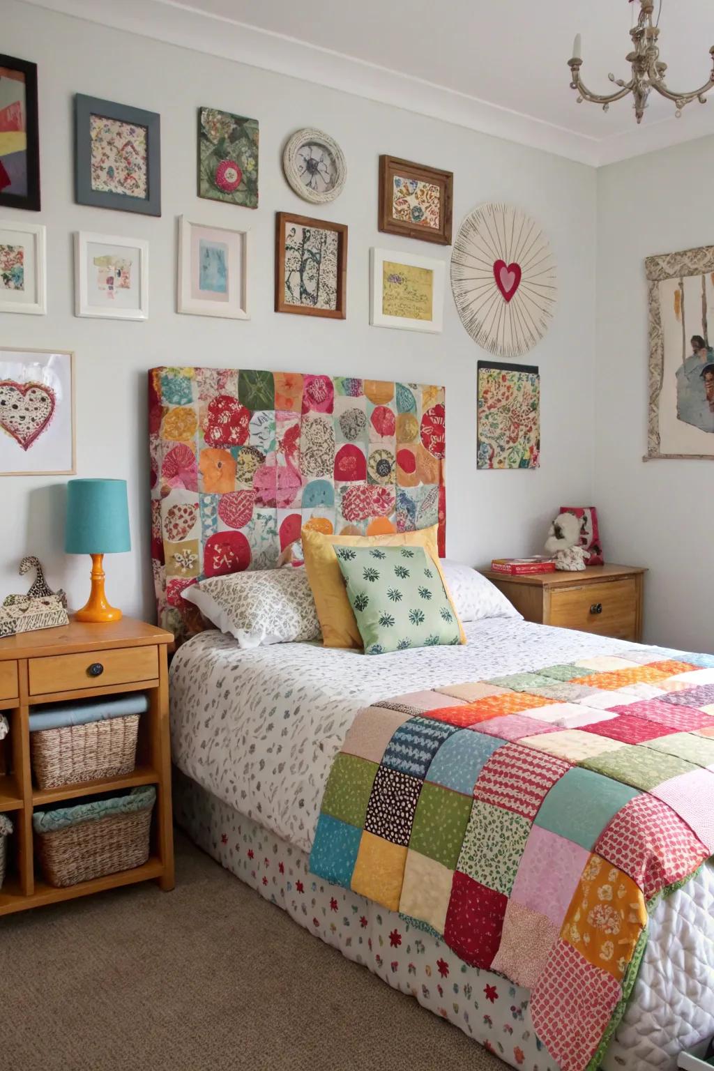 Patchwork fabric adds lively colors and patterns to the headboard.