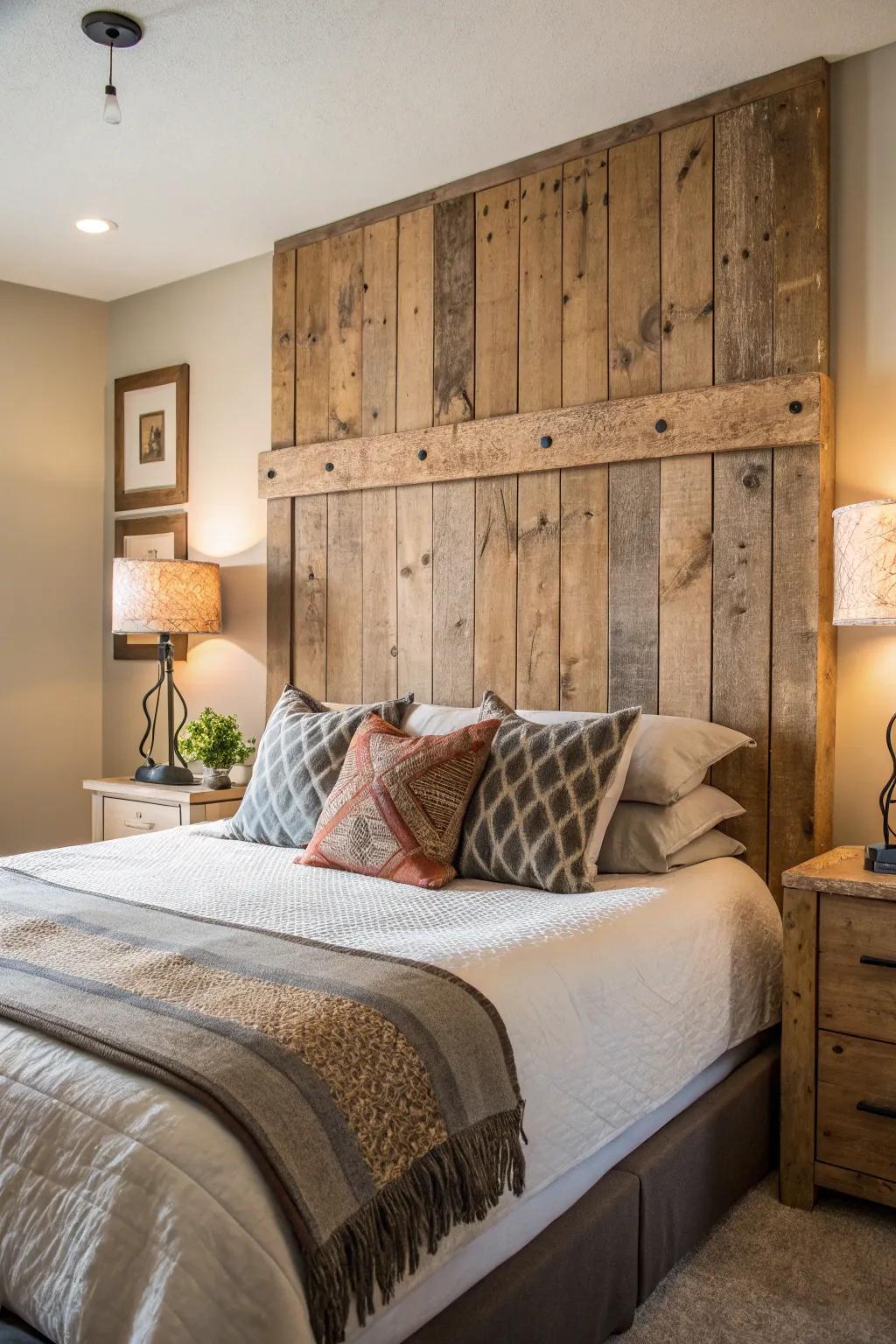 Reclaimed wood creates a sustainable and rustic headboard.