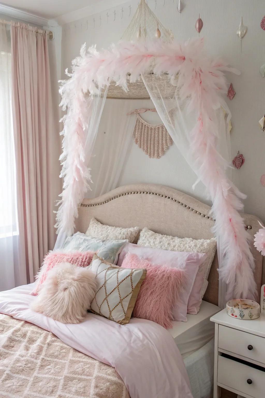 Feathers add a light, dreamy quality to this boho headboard.