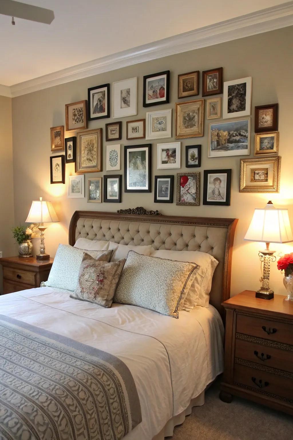 A creative collage of various frames forms a unique headboard.
