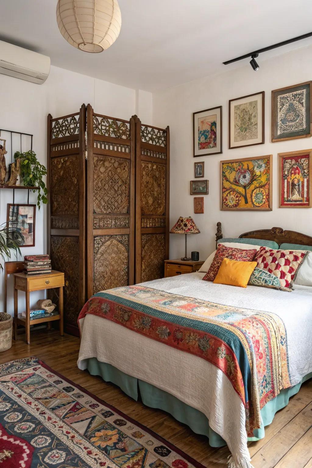 A vintage folding screen repurposed as a stylish headboard.