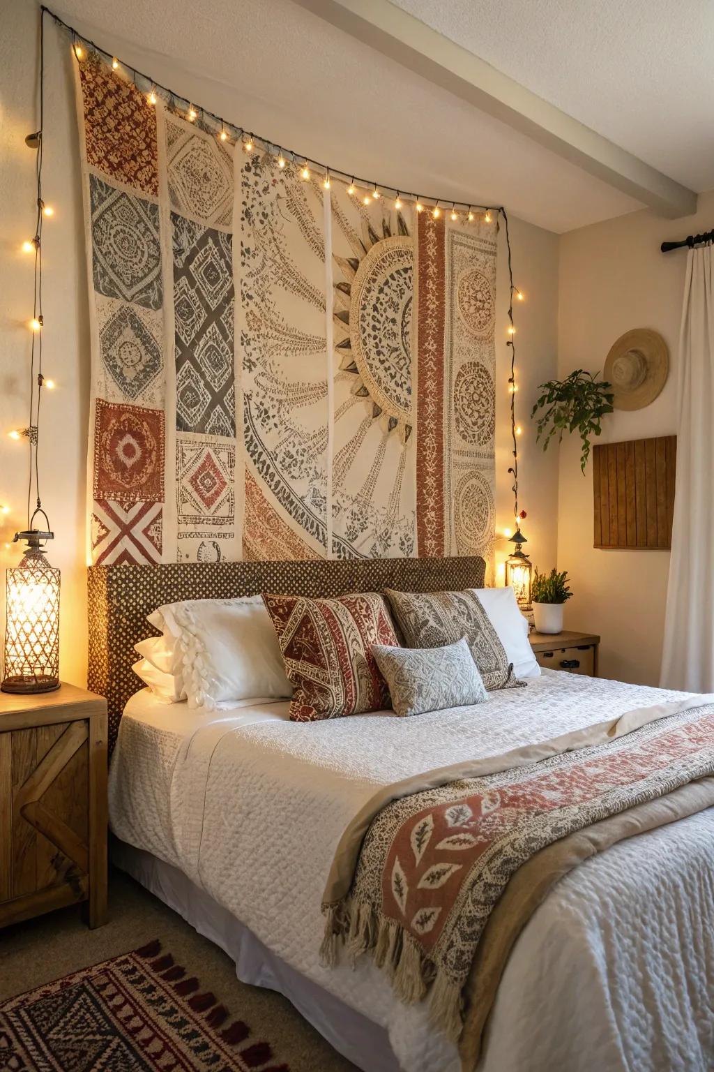 Layered textiles create a rich, inviting headboard backdrop.