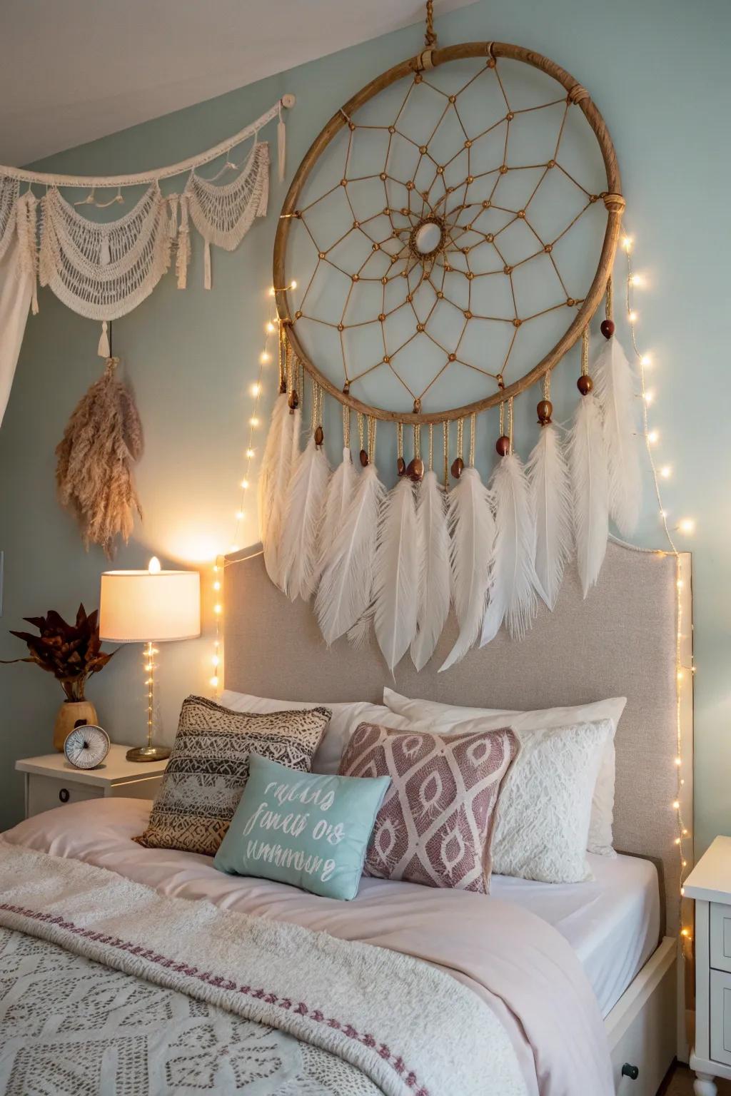 A large dreamcatcher adds a whimsical boho accent above the bed.