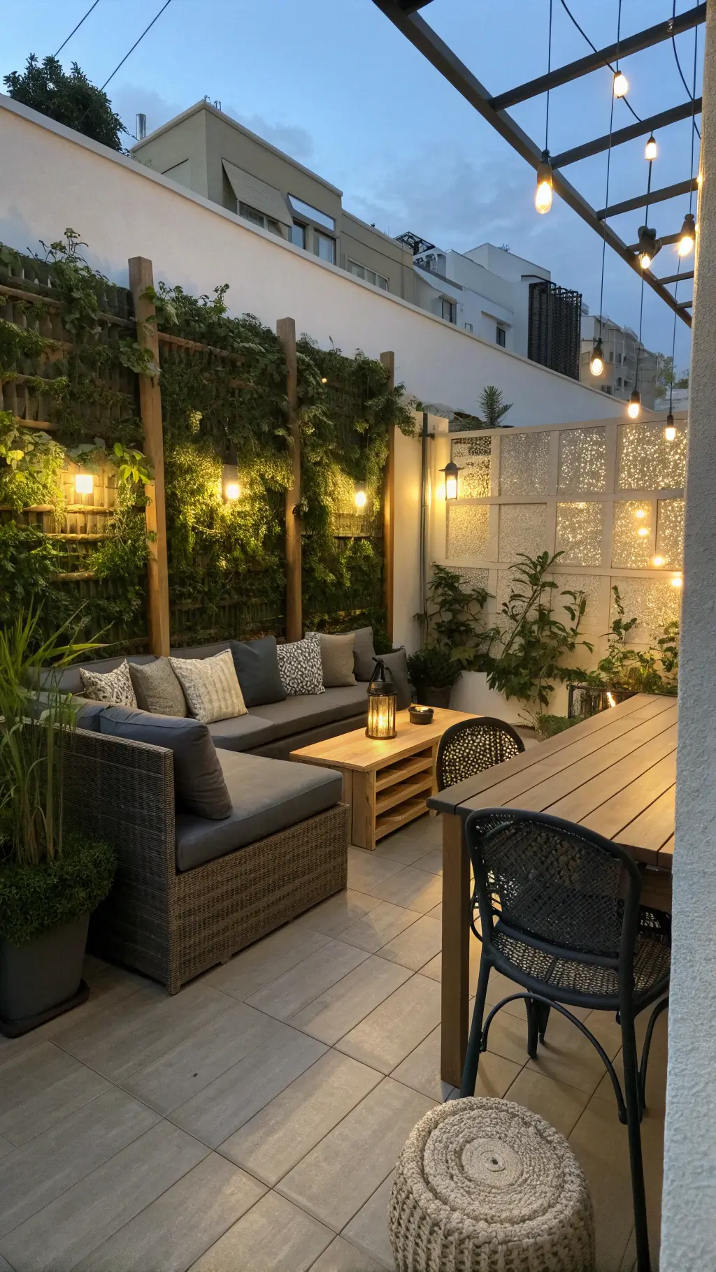 Evening view of a small patio with vertical garden panels lit by LED lights, a gray loveseat with storage, foldable acacia wood table, ivory cushions, a jute pouf, brass lanterns, and privacy-enhancing greenery.
