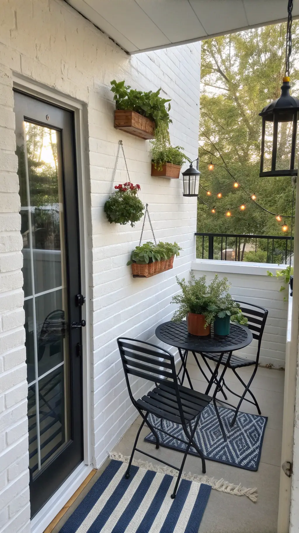Cozy corner patio with white brick walls, black metal bistro set, hanging planters with petunias and herbs, navy and white striped outdoor rug, copper solar lanterns, and macramé plant hangers bathed in morning sunlight.