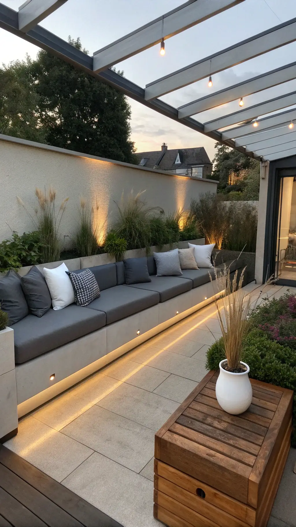Narrow patio at dusk featuring sleek gray modular seating, built-in planter boxes, weathered teak accent table, minimalist white pots, LED strip lighting, and silver outdoor pillows.
