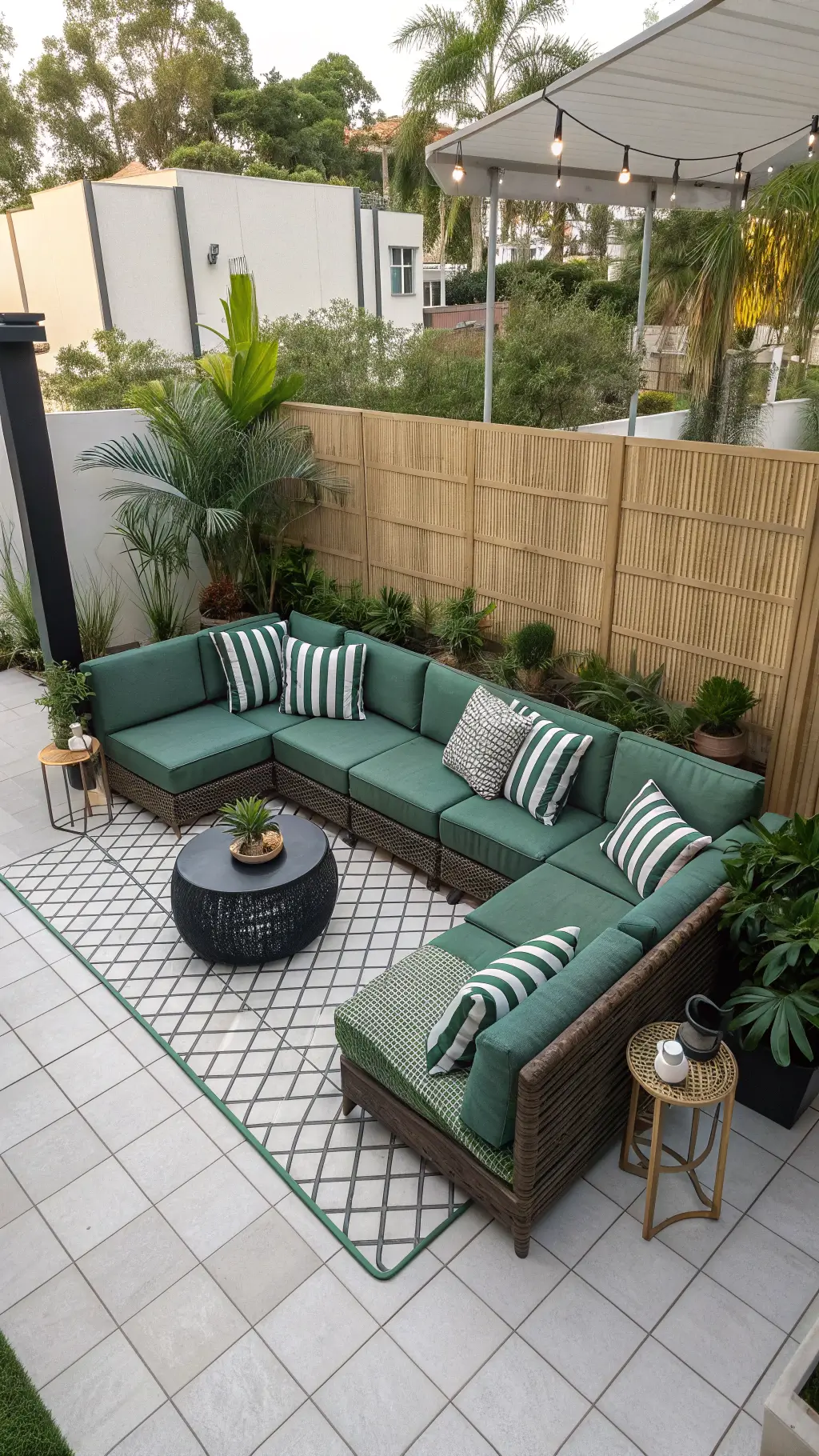 Bird's eye view of an urban patio with geometric cement tiles, rattan sectional with storage drawers, brass tables, and matte black planters filled with tropical foliage against bamboo privacy screen.