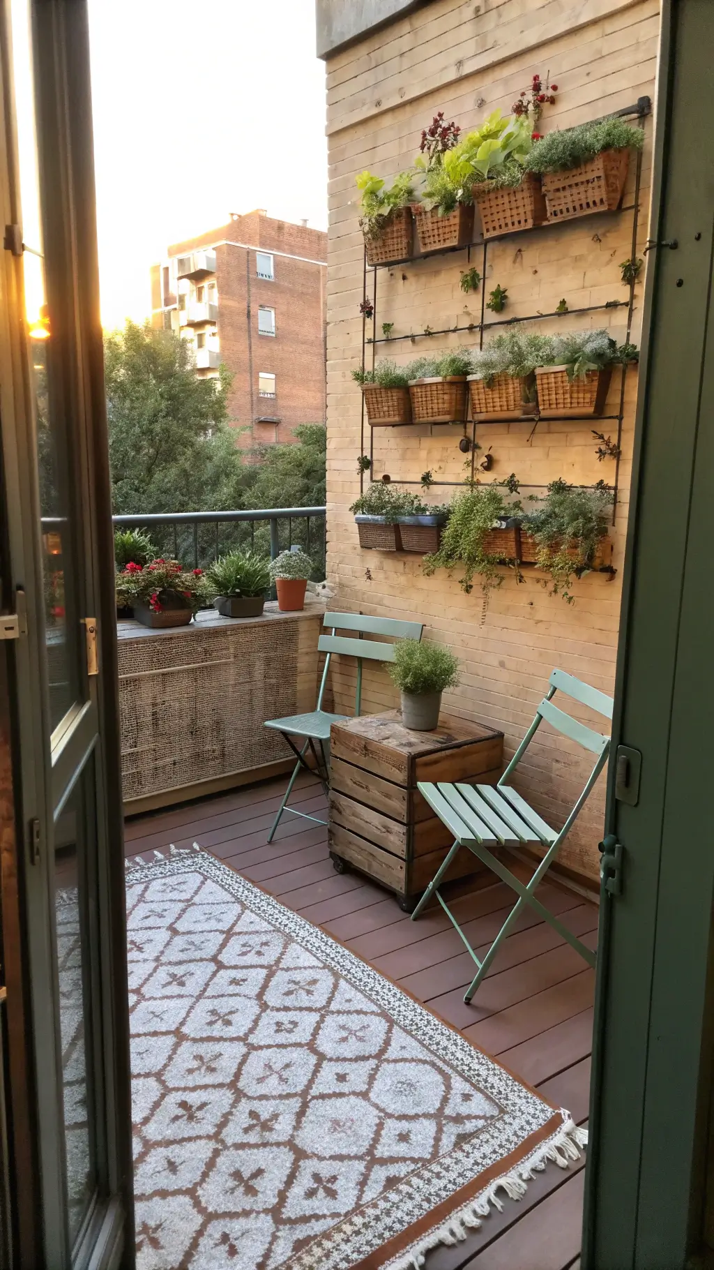Late afternoon view of a small balcony patio with sage green folding chairs, vintage wooden crate coffee table, Moroccan-inspired rug, vertical herb garden, and trailing plants in copper wire baskets, bathed in golden hour light.