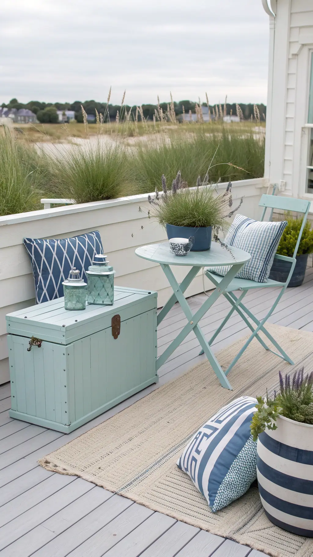 Coastal-inspired patio with light blue bistro set and storage trunk on whitewashed decking, nautical rope details, weathered finishes, layered blue-and-white striped cushions, and geometric outdoor rug in bright, airy light.