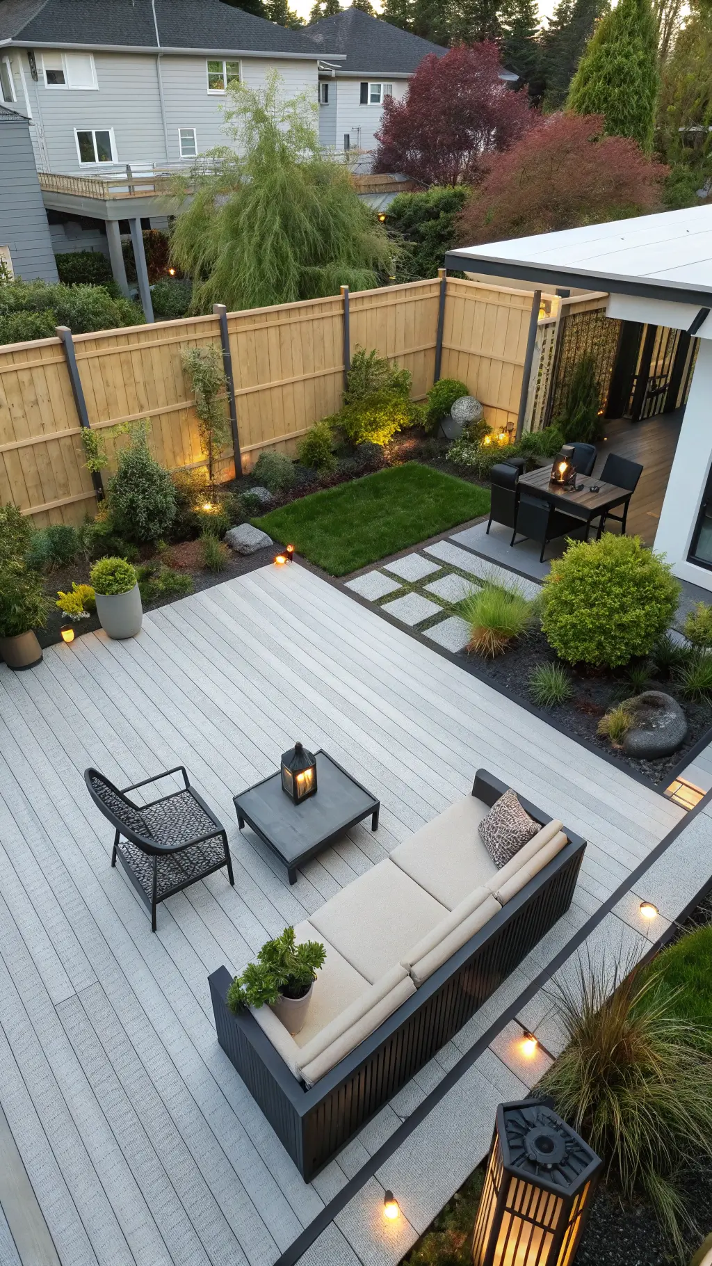 Aerial view of a zen-inspired 5x8ft patio at dawn with gray decking, low-profile teak furniture, black metal planters with Japanese maples and moss, bamboo screens, and softly glowing paper lanterns.