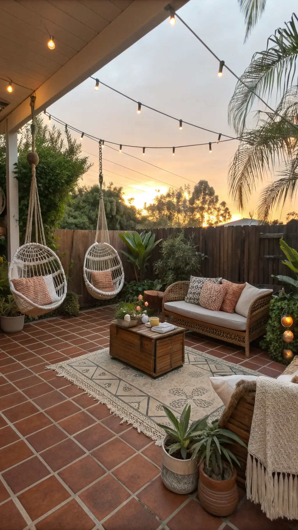 Bohemian-style patio at golden hour with terracotta tiles, macramé hanging chairs, rattan storage trunk coffee table, vintage kilim pillows and throws, and hanging plants including string of pearls and air plants.