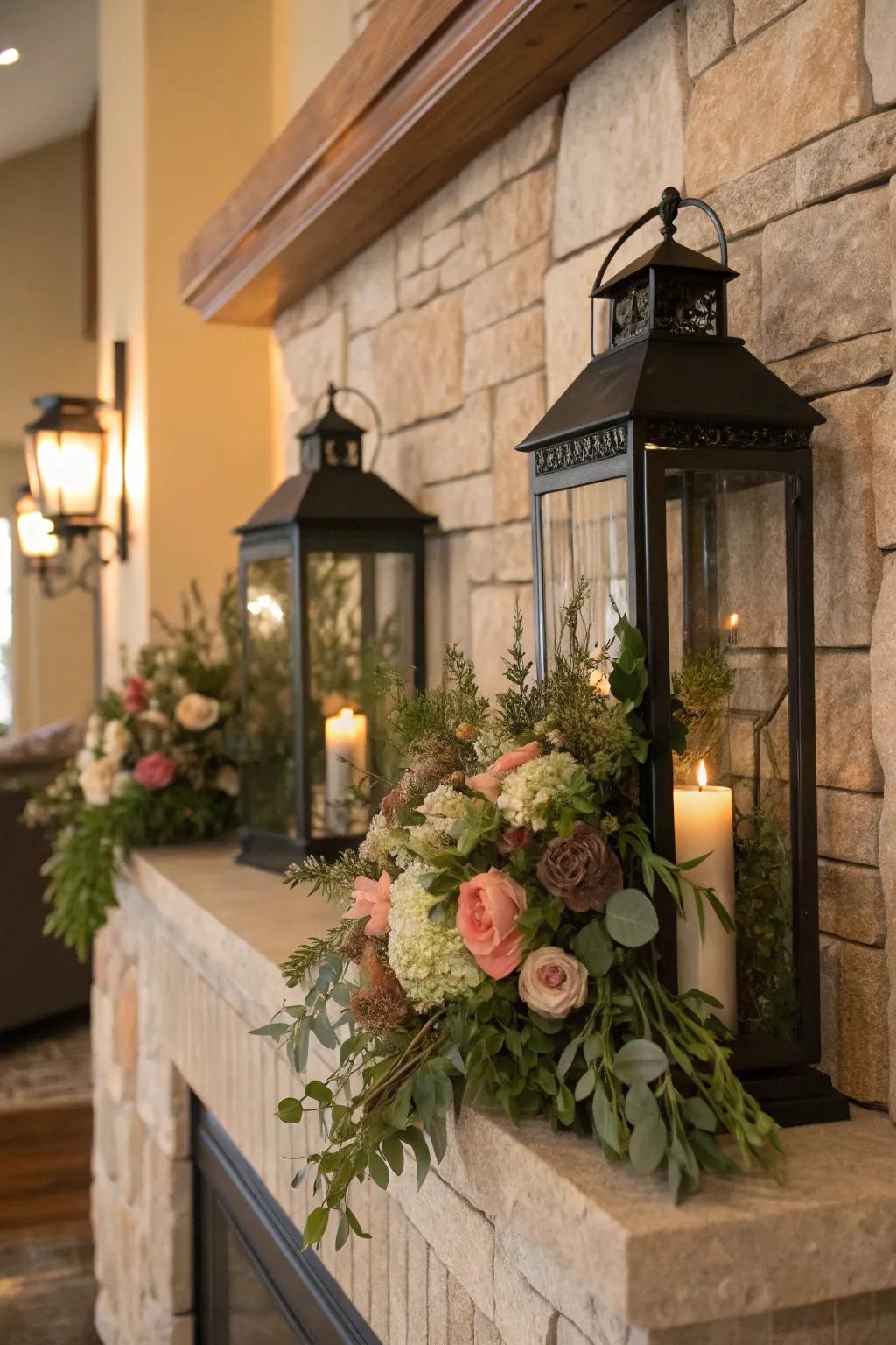 Lanterns adorned with artificial flowers create a fresh look.