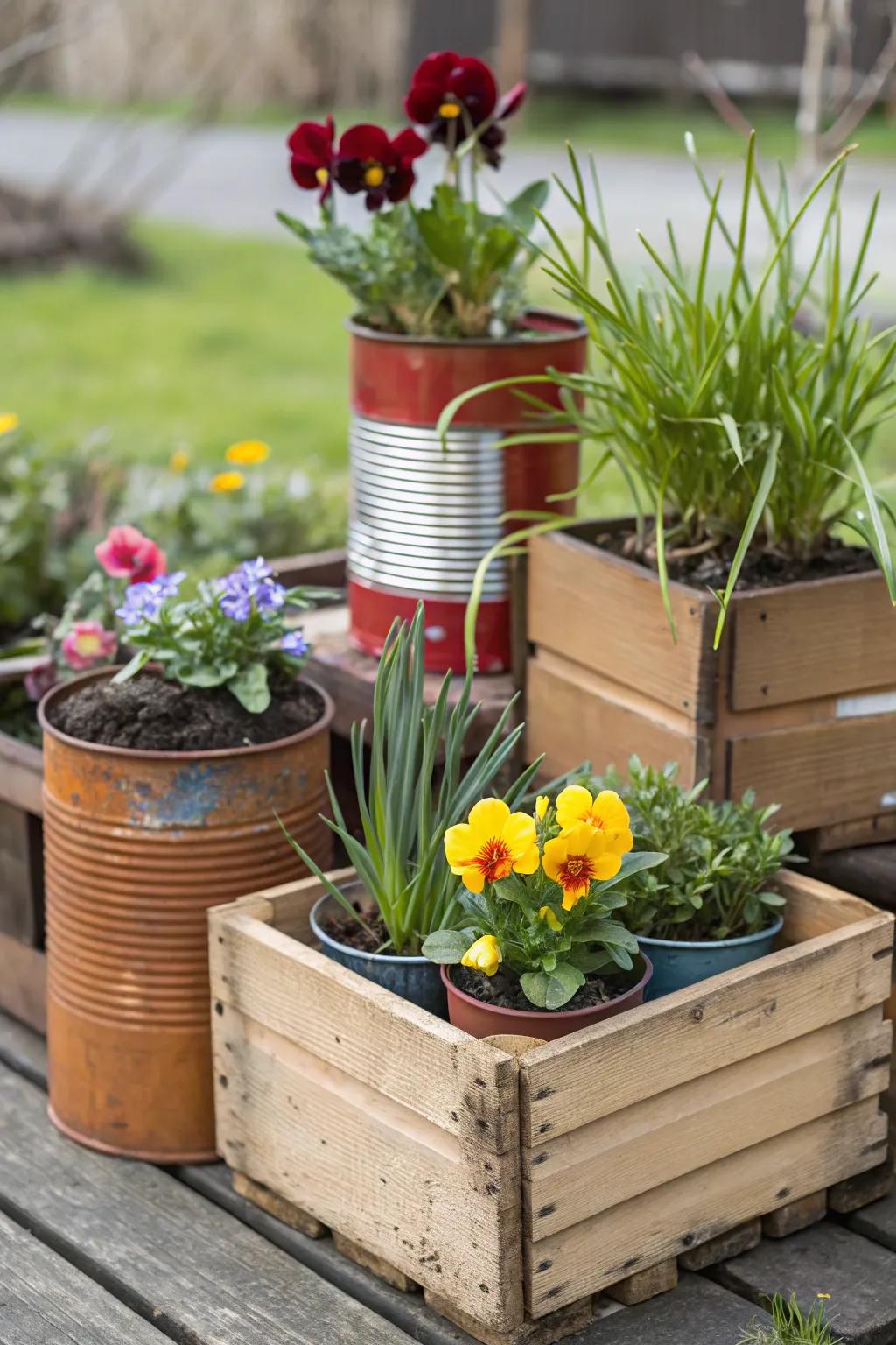 Unique upcycled planters add character and sustainability.