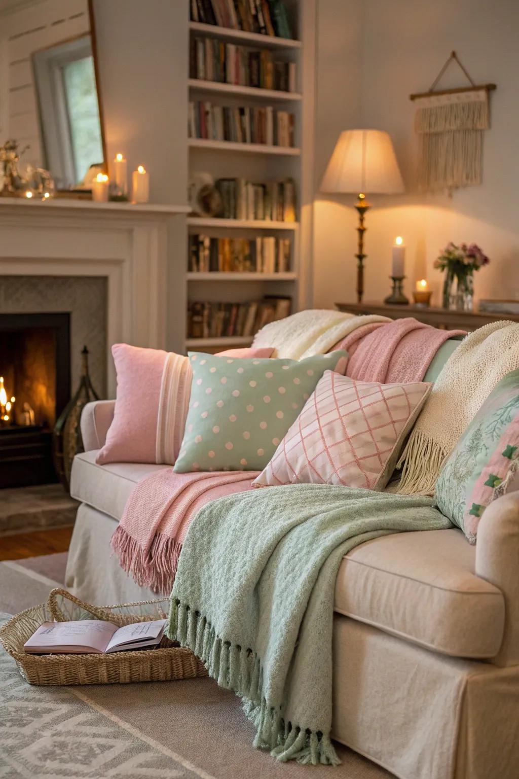 Pastel accents create a soothing spring atmosphere.