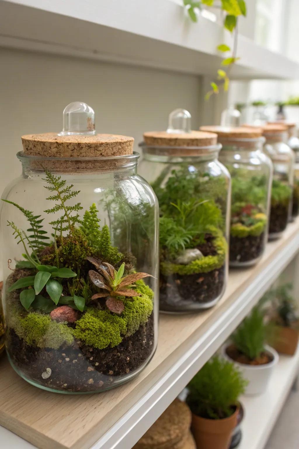 Terrarium jars offer a unique way to display greenery.