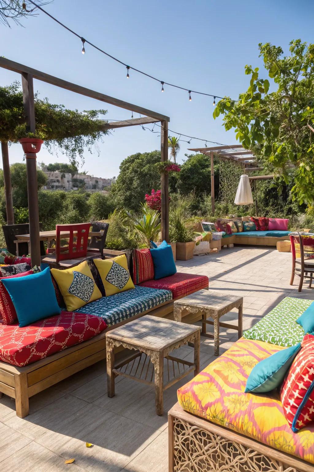 Colorful cushions enliven outdoor seating areas.