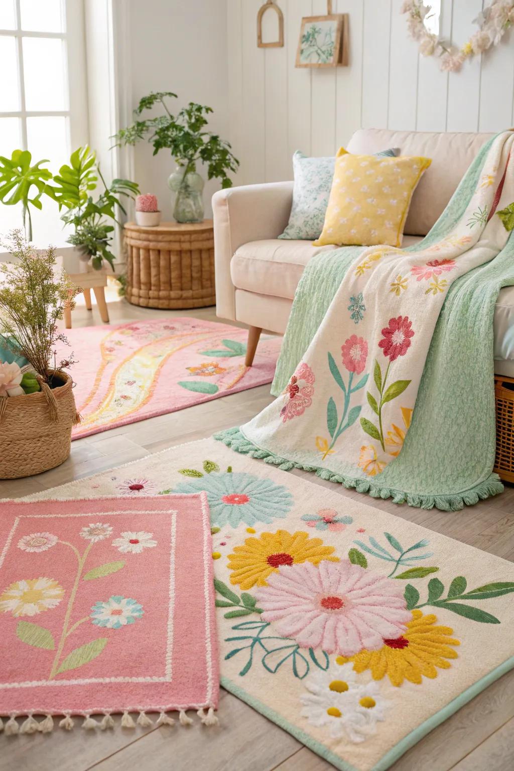 Spring-themed textiles add color and freshness.