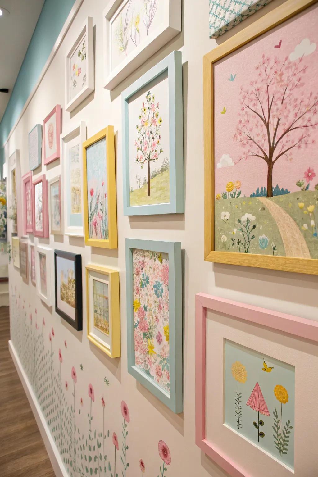 Pastel gallery walls add charm and color.