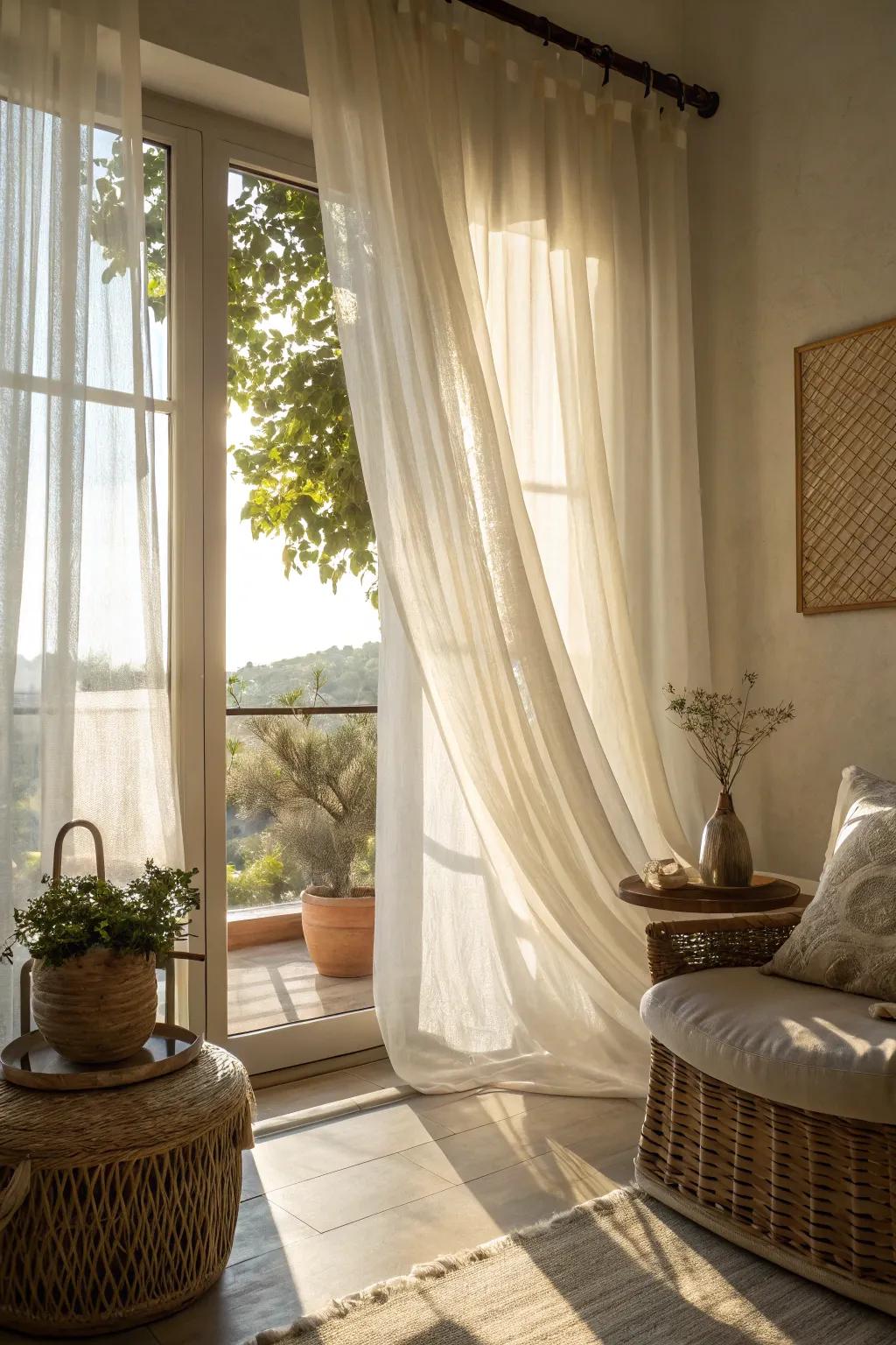 Light drapes create a sunny and welcoming space.
