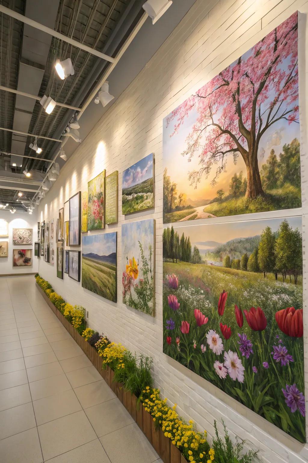 Nature-inspired artwork enhances spring decor.