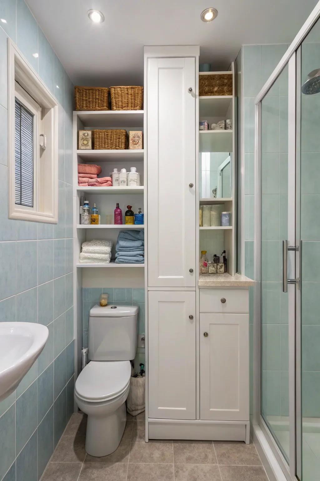 Vertical storage units maximizing floor space.