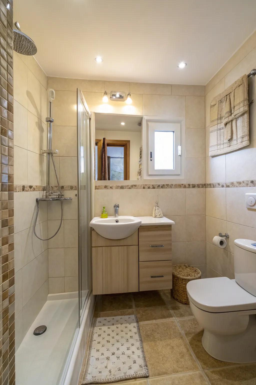 Color zoning techniques to visually enlarge bathroom.