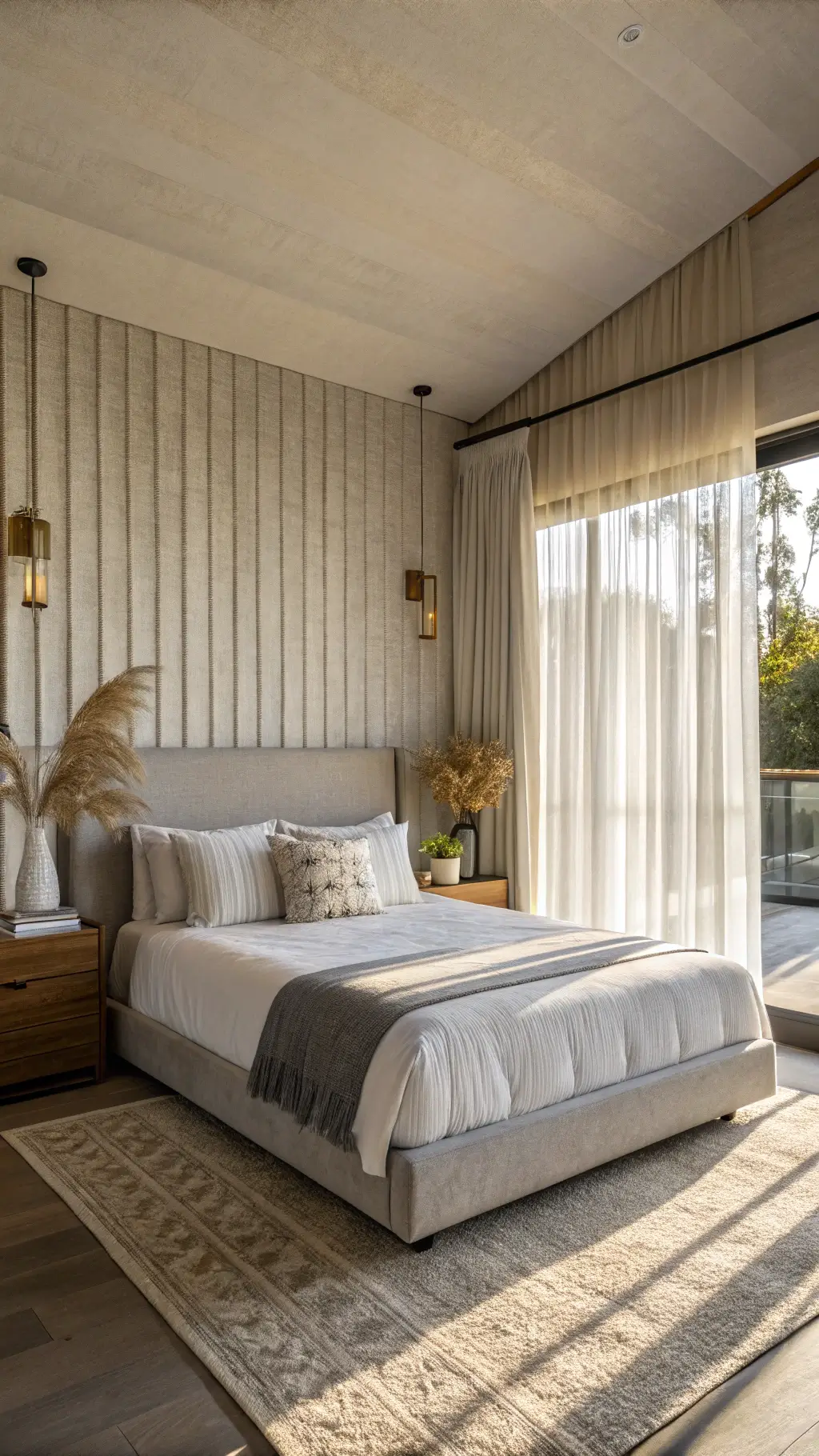 Modern primary bedroom at golden hour with shadows cast through sheer curtains on gray platform bed, brass wall sconces, white vase, pampas grass, floating shelf, and beige grasscloth wallpaper.