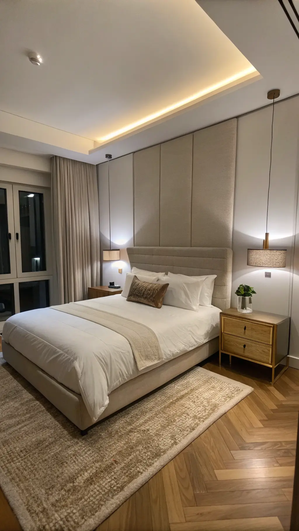 Compact minimalist guest bedroom in warm white and greige at twilight featuring floating queen bed, built-in nightstand, brass table lamp, textured rug over bleached oak floors.