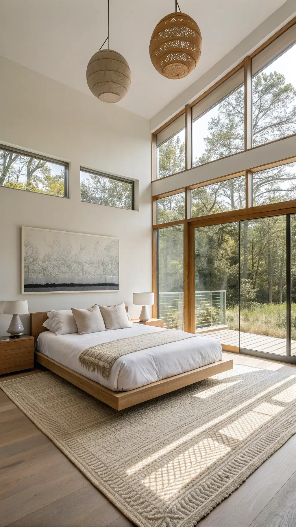 Bright and airy minimalist primary suite with floor-to-ceiling windows, automated linen shades, custom bleached maple platform bed, white organic cotton bedding, ceramic pendant lights, abstract art, and geometric jute rug.