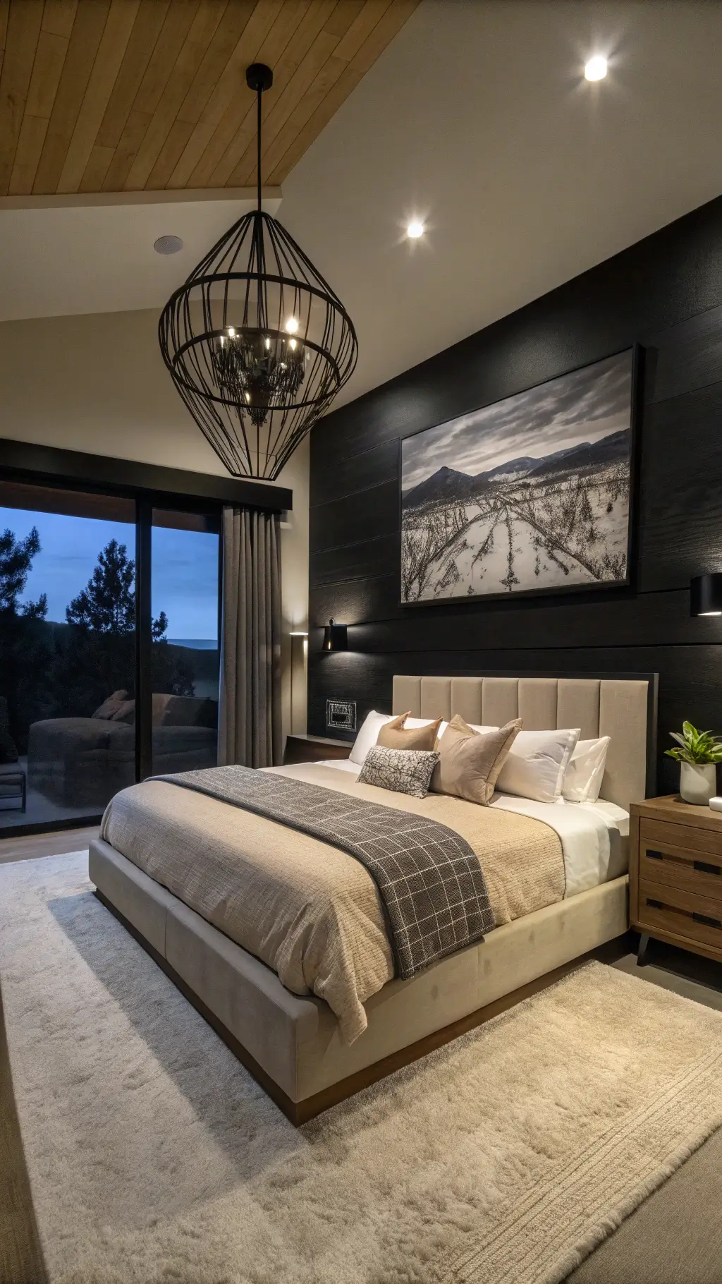 Contemporary bedroom at dusk with black accent wall, platform bed, minimalist chandelier, grayscale abstract photography, and plush cream carpet.