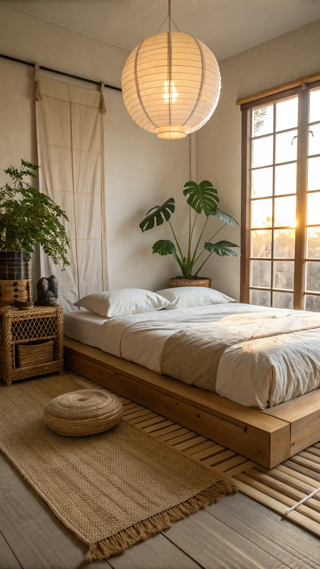 Zen-inspired bedroom with bamboo platform bed, paper lantern pendant, monstera plant, natural fiber mat, and filtered morning light through shoji screens.