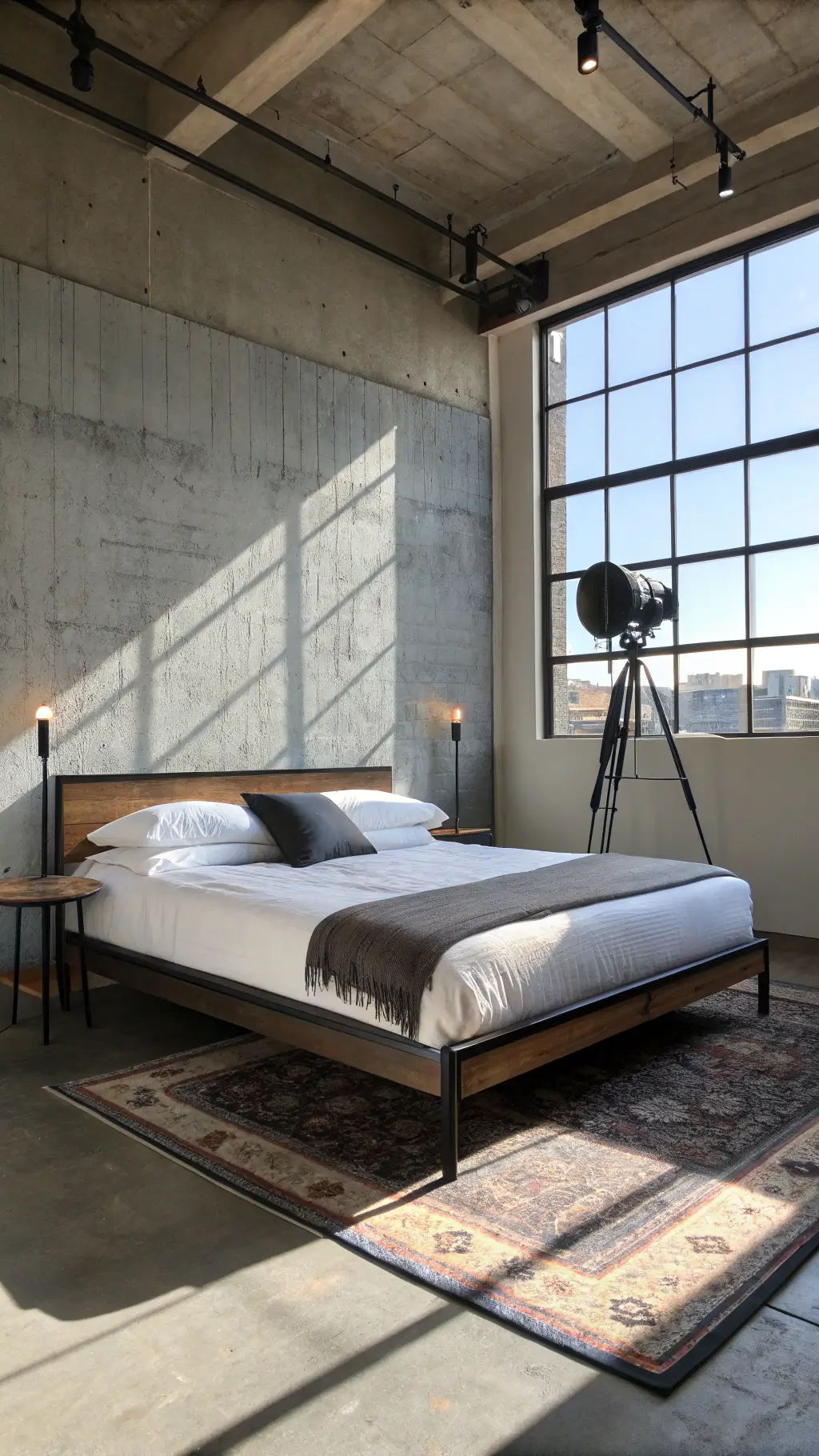 Minimalist urban bedroom with industrial-style blackened steel platform bed, white bedding, charcoal throw pillow, exposed concrete wall, brass reading light, and vintage gray rug.