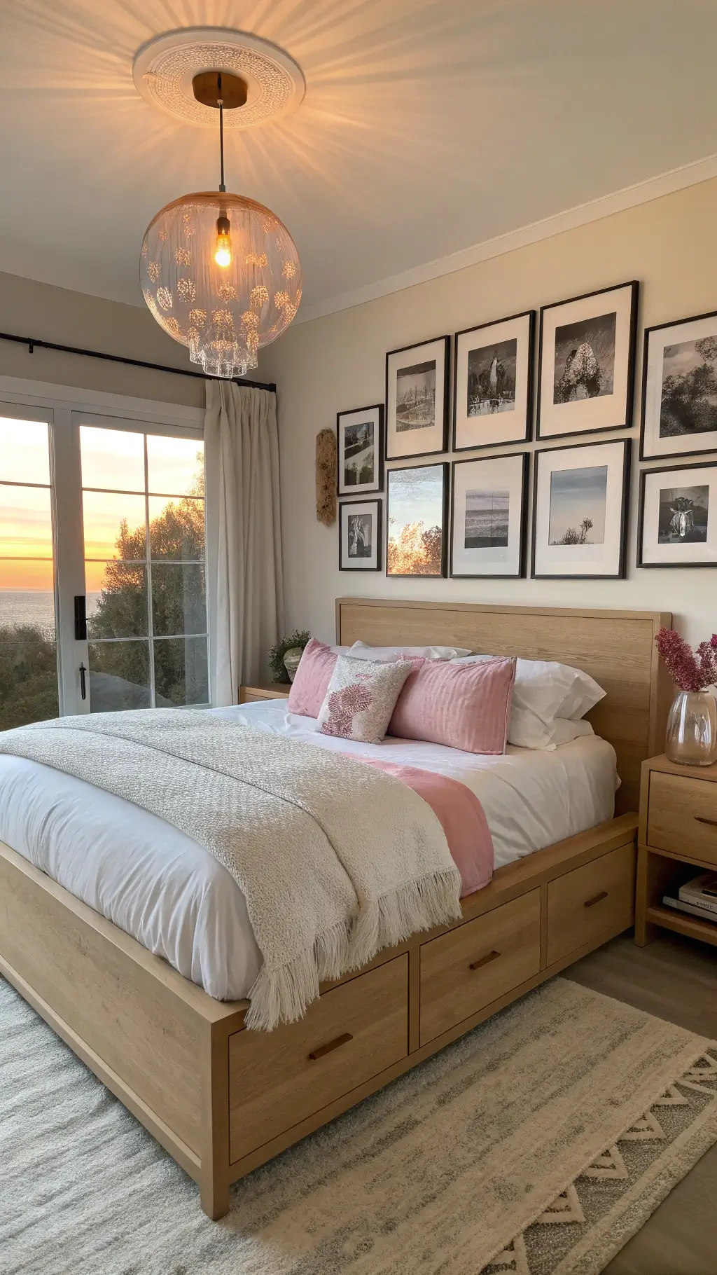 Scandinavian-inspired bedroom at sunset with blonde wood platform bed, soft white and pale pink bedding, frosted glass pendant, gallery wall of family photos, cozy sheepskin throws.