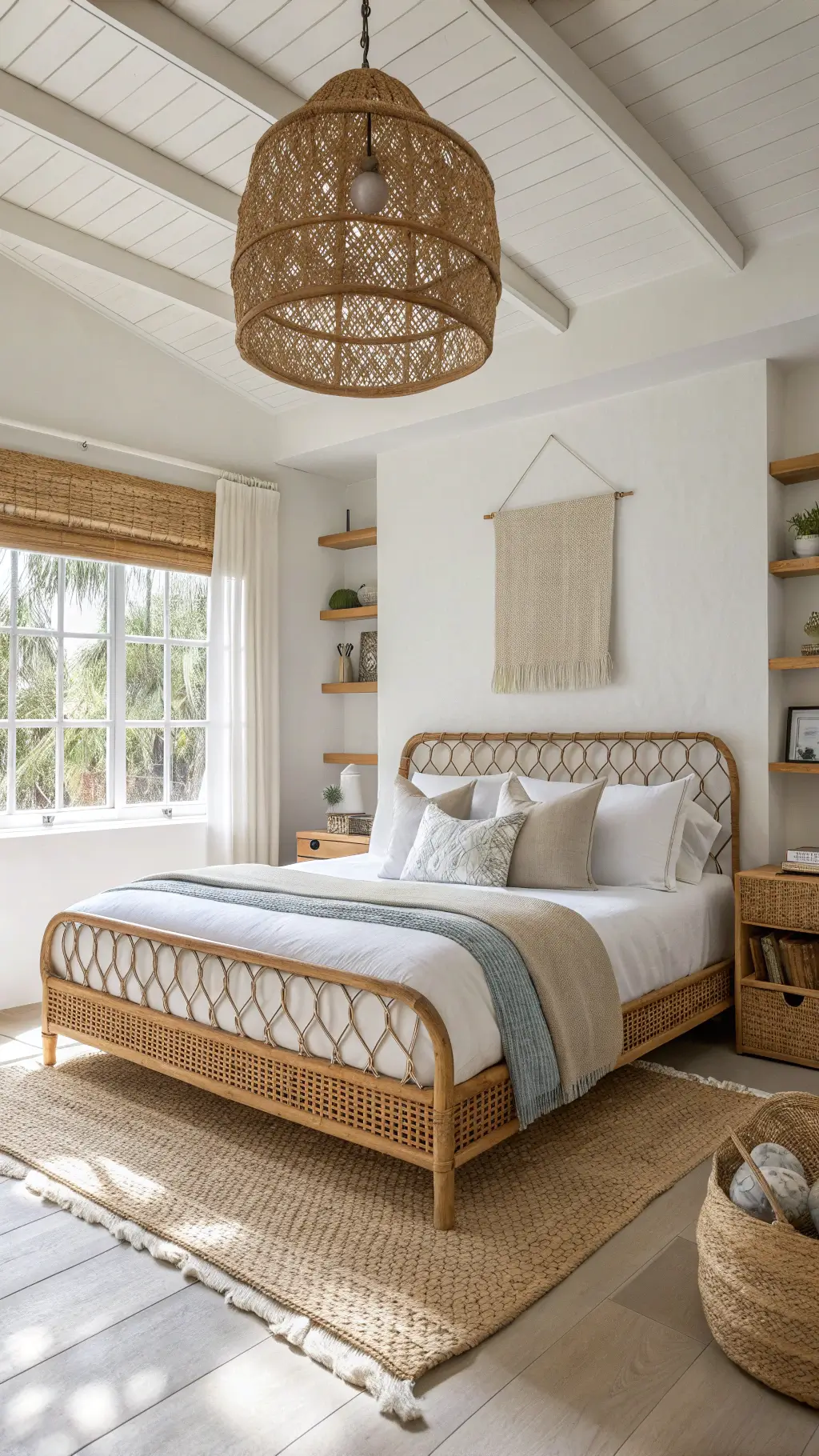 Minimalist coastal bedroom with rattan bed, sand and sea foam bedding, woven pendant light, natural fiber window treatments, floating wooden shelves, and shells in bright airy light.