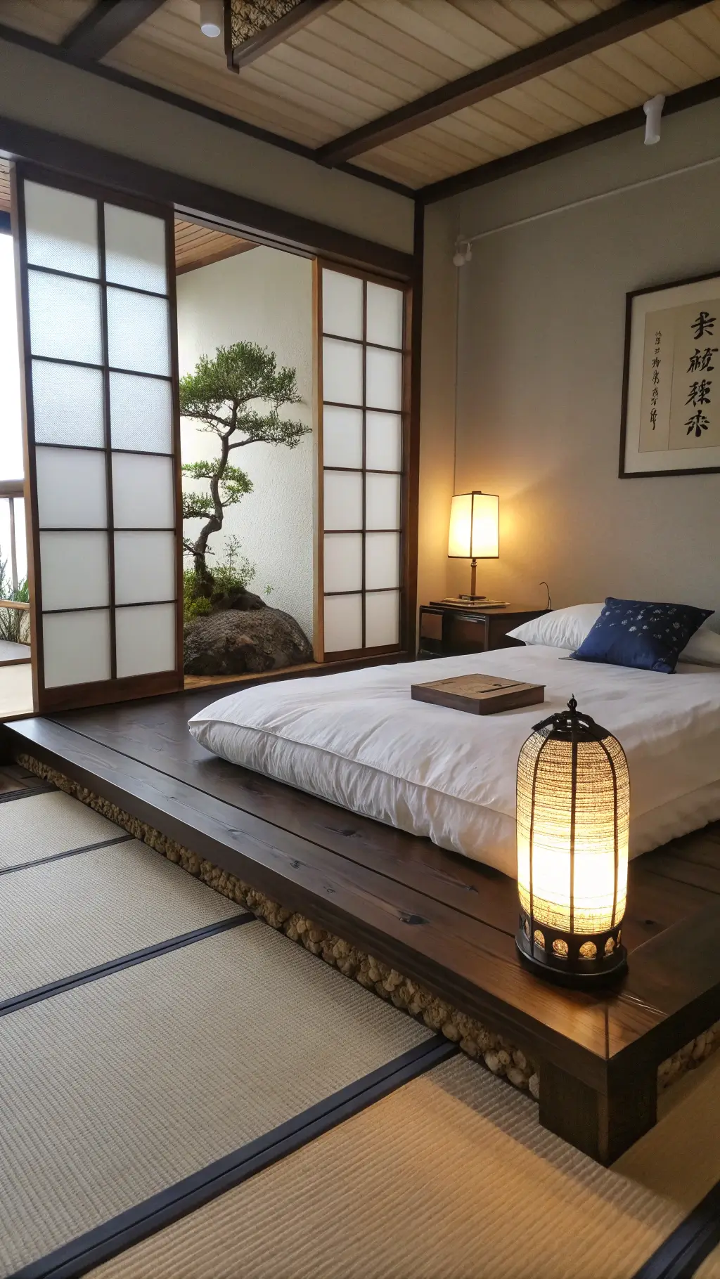Traditional Japanese minimalist bedroom at dawn with dark oak elevated platform futon, white bedding, indigo accent pillow, floor paper lantern, bonsai display, and tatami flooring.