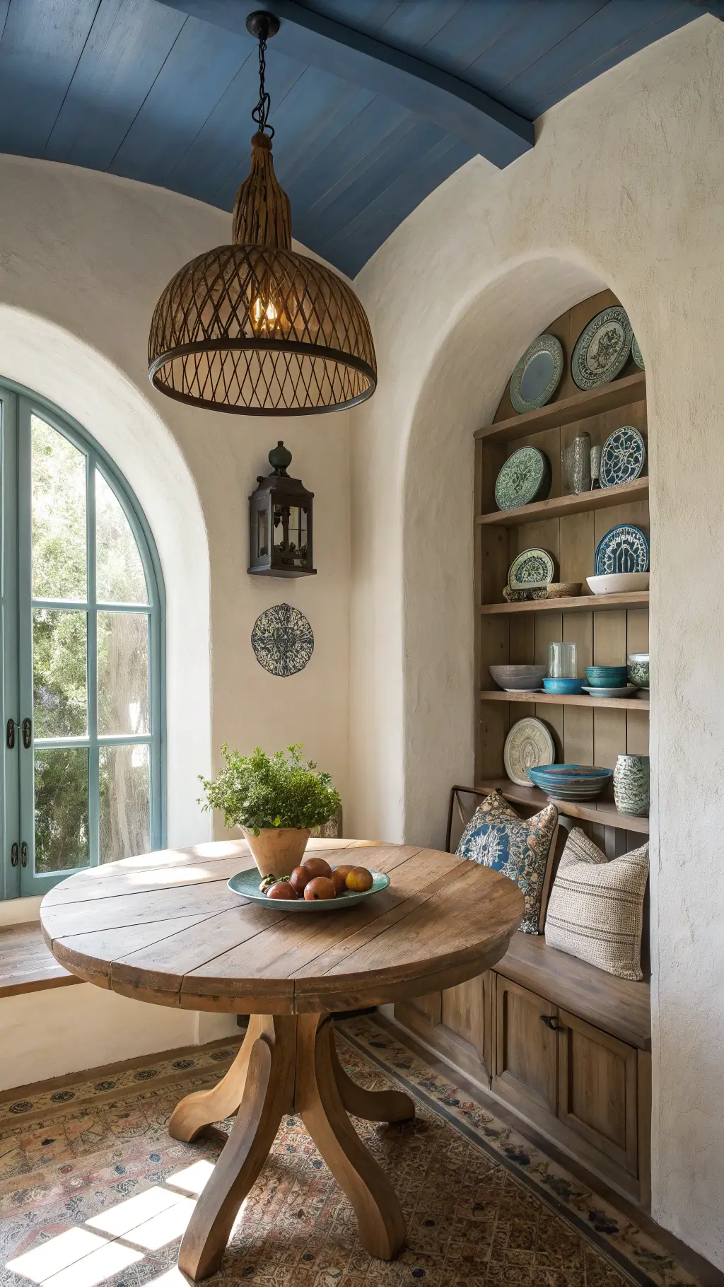 Mediterranean kitchen nook with reclaimed wood table, ceramic plate display on olive shelving, textured ivory walls, and blue ceiling arch illuminated by soft morning light