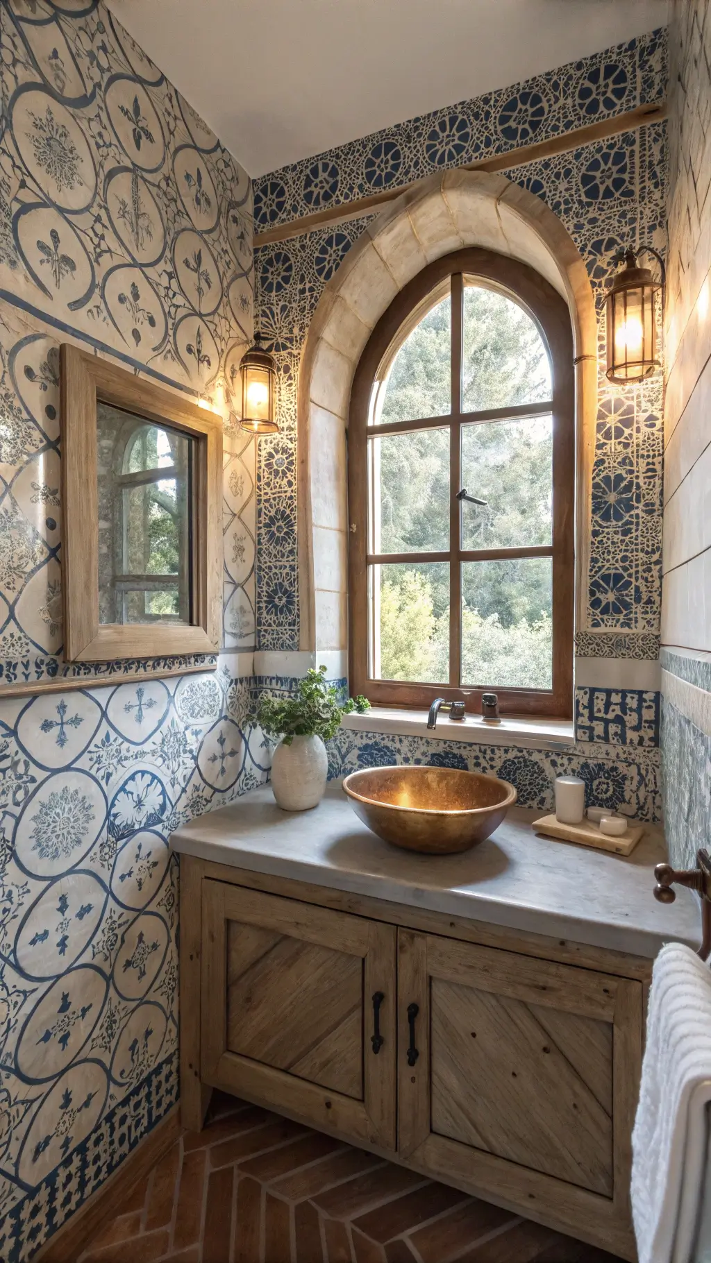 Bathroom with handmade blue and white patterned tiles, arched frosted glass window, weathered oak floating vanity, hammered copper sink, vintage brass fixtures, and patina mirror reflecting the tiles