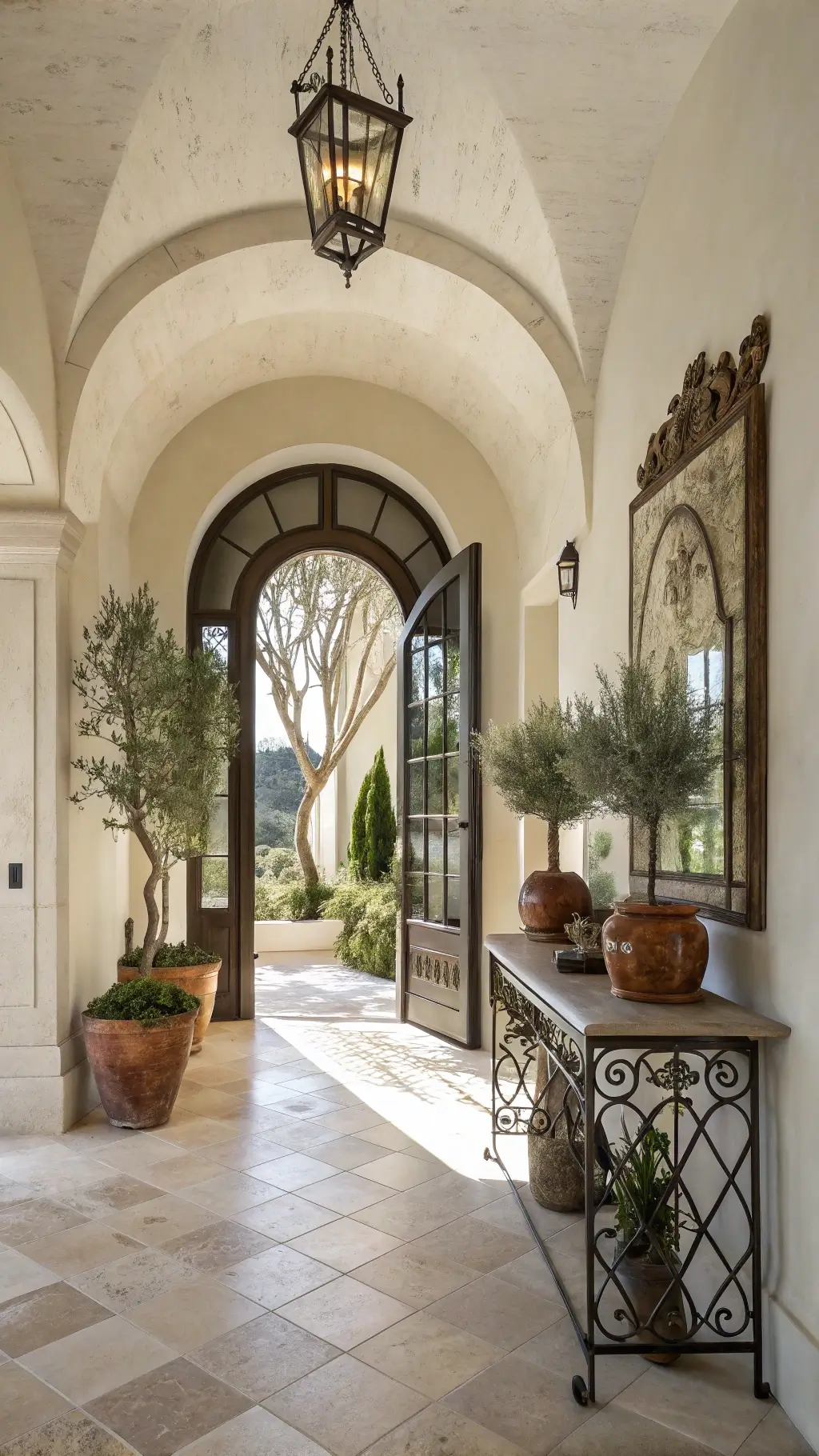 Mediterranean entryway with arched doorway, limestone floor, wrought iron console table, antique mirror, olive trees in terracotta pots, textured white walls, and dramatic natural backlighting