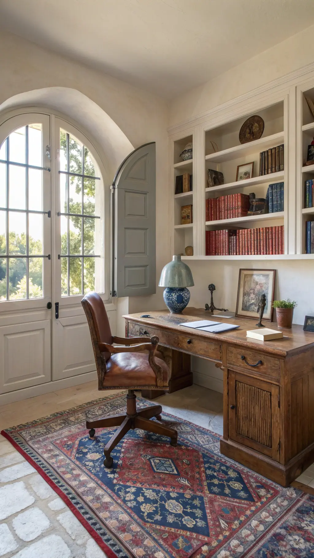 Mediterranean home office alcove with afternoon light streaming through arched window, antique desk, modern leather chair, built-in bookshelves displaying ceramics and vintage kilim rug in muted red and blue tones