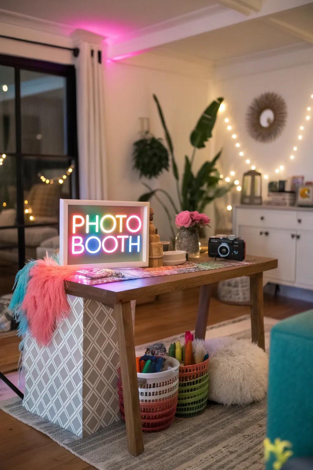 Neon lights bring a lively and contemporary flair to your photo booth.